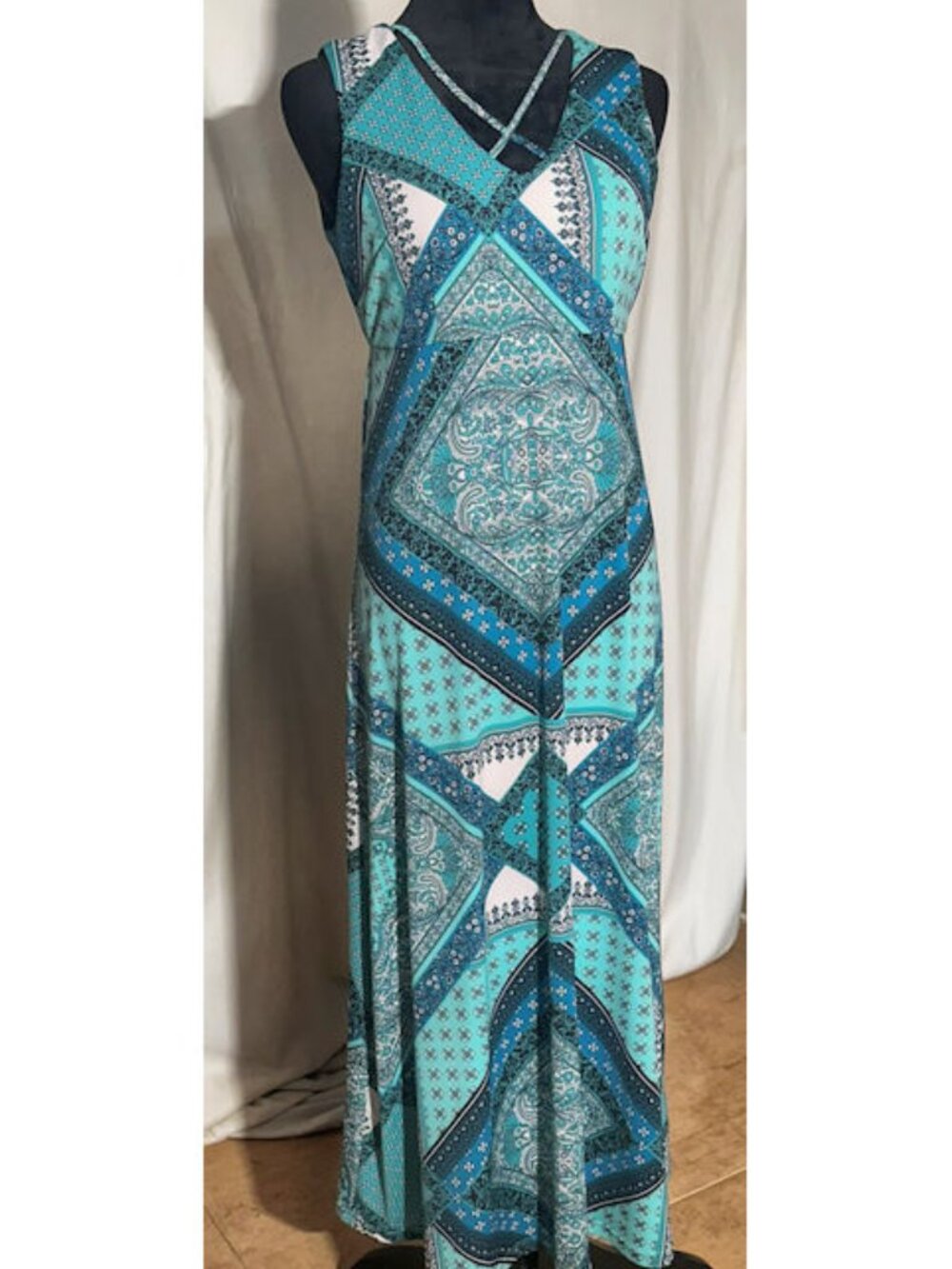 R & K Summer Dress, Criss Cross Front, Green and Blue Design, 8P